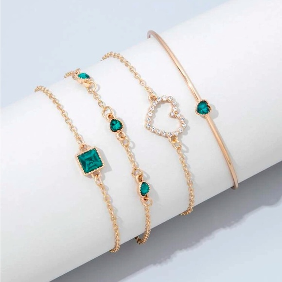 Set of 4 Emerald Green & Gold Bracelets / Gold Bracelet / Emerald Green Bracelet - Picture 2 of 4